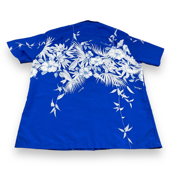 Vintage Hawaiian Shirt Adult LARGE Blue 80s Royal Princess Floral Botanical - Picture 2 of 6